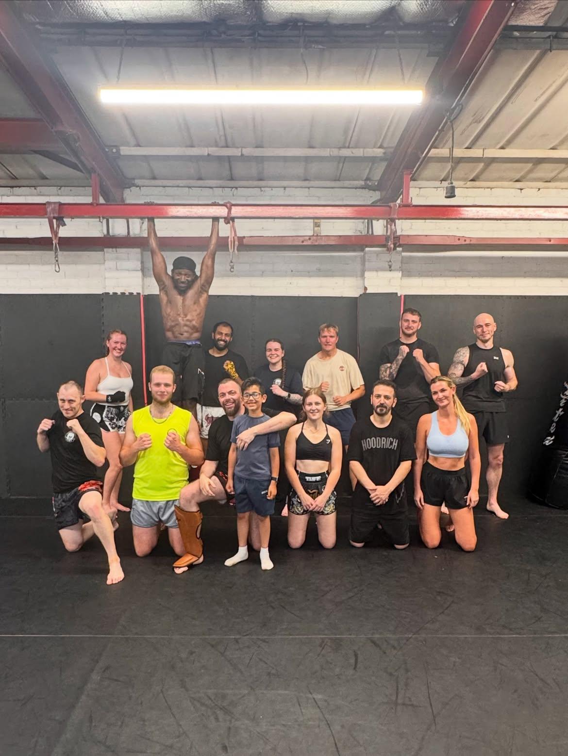 A mixed group Muay Thai class at PDMA, all ages and experience levels